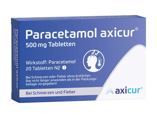 Eine blau-weiße Schachtel Paracetamol axicur Tabletten, beschriftet mit 500 mg. Sie enthält 20 Tabletten und zeigt das Symbol einer Person mit Kopfschmerzen. Der Text ist auf Deutsch und erwähnt die Verwendung gegen Schmerzen und Fieber. Unten rechts befindet sich das Markenlogo „axicur“.