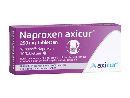 Packung mit Naproxen axicur, 250 mg Tabletten, enthält 20 Tabletten. Die Packung ist lila und weiß mit Marken- und Dosierungsangaben in deutscher Sprache. Es wird bei leichten bis mäßigen Schmerzen wie Regelschmerzen und Fieber angewendet.