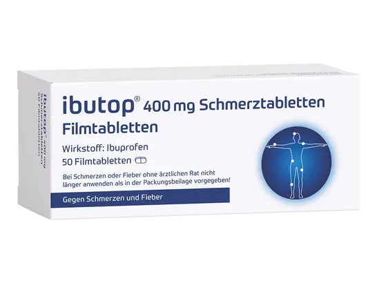 Auf dem Bild ist eine Packung „Ibutop 400 mg Schmerztabletten“ zu sehen. Sie ist als Filmtablette mit Ibuprofen gekennzeichnet. Die Packung enthält 50 Tabletten und ist zur Schmerz- und Fieberlinderung vorgesehen.