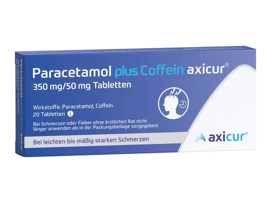 Blau-weiße Schachtel Paracetamol plus Koffein Axicur, 350 mg/50 mg, mit 20 Tabletten. Der Text in Deutsch weist auf die Anwendung bei leichten bis mittelschweren Schmerzen hin. Enthält ein medizinisches Symbol und das Firmenlogo.