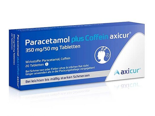 Blau-weiße Schachtel Paracetamol plus Koffein Axicur, 350 mg/50 mg, mit 20 Tabletten. Der Text in Deutsch weist auf die Anwendung bei leichten bis mittelschweren Schmerzen hin. Enthält ein medizinisches Symbol und das Firmenlogo.