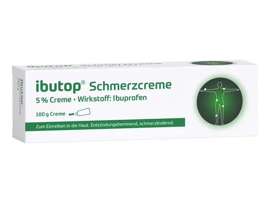 Eine Packung Ibutop Schmerzcreme, 5% Ibuprofen-Creme, 100 g. Die Verpackung ist hauptsächlich weiß mit grünen Akzenten und zeigt ein Diagramm einer Person sowie den Verwendungszweck des Produkts zur entzündungshemmenden und schmerzstillenden Anwendung auf der Haut.