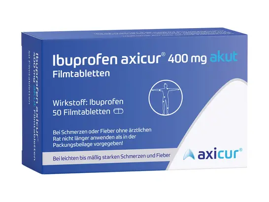 Blau-weiße Schachtel mit Ibuprofen axicur 400 mg akut, enthält 20 Filmtabletten. Die Verpackung enthält eine Grafik einer Person mit Beschwerden und einen deutschen Text über Schmerz- und Fieberlinderung. Markenlogo in der unteren rechten Ecke.